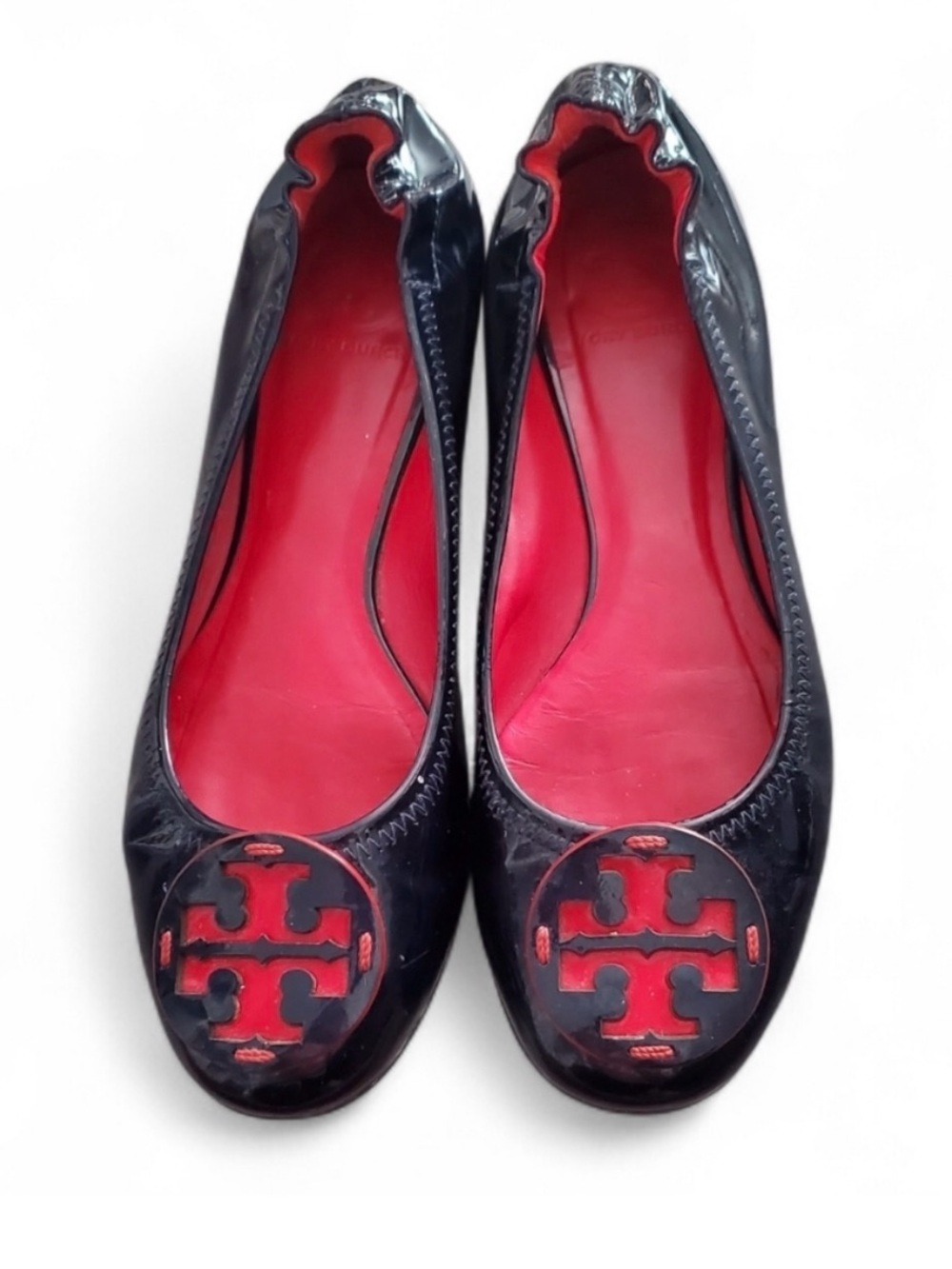Tory Burch Reva Black Patent Leather Ballet Flats with Red Insole Size 9
